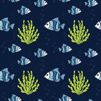 Sea bottom pattern with blue fish and green algae on dark blue background, seamless marine pattern. vector
