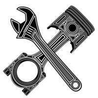 Crossed pistons and Adjustable wrench icon. mechanical car engine symbol design illustration vector