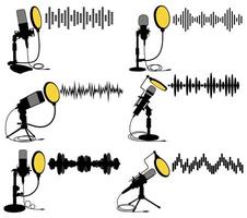 set microphone podcasting with soundwaves icon. recording microphone design illustration vector
