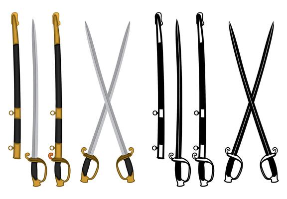 Set Naval Cutlass Swords . Medieval Pirates blade weapon illustration