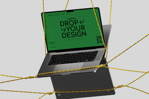 Laptop mockup with rope psd