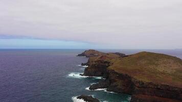 Easternmost Point of Madeira Island on Cloudy Day. Cliffs and Ocean. Portugal. Aerial Drone Shot. Moving Forward video
