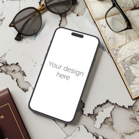 Mockup of black smartphone lying on world map. Glasses and wallet next to it psd