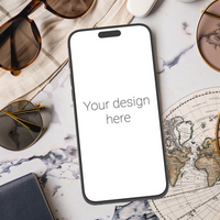 Mockup of black smartphone lying on world map. Glasses and wallet next to it psd