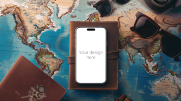 Mockup of black smartphone lying on world map. Glasses and wallet next to it psd