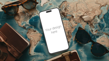 Mockup of black smartphone lying on world map. Glasses and wallet next to it psd