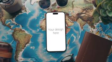 Mockup of black smartphone lying on world map. Glasses and wallet next to it psd
