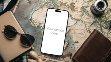 Mockup of black smartphone lying on world map. Glasses and wallet next to it psd