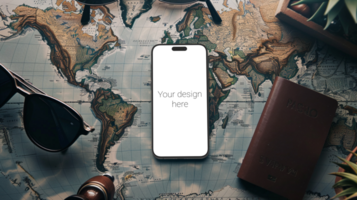 Mockup of black smartphone lying on world map. Glasses and wallet next to it psd