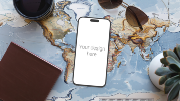 Mockup of black smartphone lying on world map. Glasses and wallet next to it psd