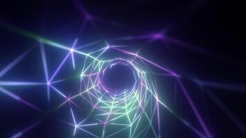 Abstract bright purple glowing background with a tunnel of lines and stripes of energy of burning rays of plasma and electricity with light, in in high quality 4k, motion design video