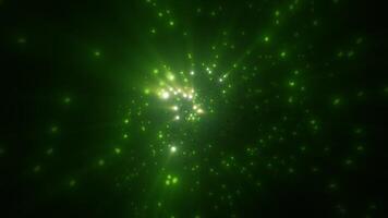 Abstract bright green glowing background with flying dots circles bokeh energy particles and light rays, in high quality 4k, motion design video