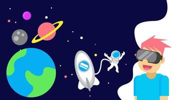 Animation of a boy wearing VR Virtual Reality showing Saturn, Earth, astronaut rocket. Suitable for metaverse content. video
