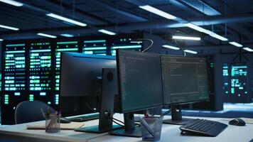 Multi monitor computer setup in data center used for monitoring security threats threatening rigs. Trucking right shot of PCs used by futuristic server hub admins ensuring compliance with regulations video