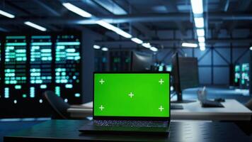 Focus on isolated screen laptop used by engineers in high tech data center to monitor security threats. Close up of chroma key notebook used by workers ensuring compliance with regulations video