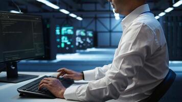 Admin in data center designing, implementing and managing gear to ensure optimal performance and reliability. Close up of expert typing on keyboard in server room, coding on computer, camera B video