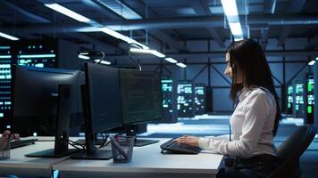 Portrait of smiling engineer overseeing data center, making improvements and updates to ensure system can handle networking tasks. Upbeat server room worker tracking network traffic, camera B video