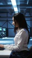 Vertical Portrait of smiling engineer overseeing data center, making improvements and updates to ensure system can handle networking tasks. Upbeat server room worker tracking network traffic, camera B video