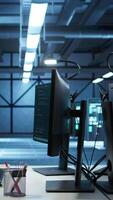 Vertical Admin does maintenance on server hub to optimize it for data processing requirements of artificial intelligence workloads. Expert inspects data center used for machine learning, camera B video