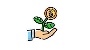 Animated finance growth with hand and plant icon . Seamless looping with alpha channel on transparent background. Outline motion graphic animation video