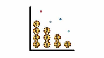 declining coin bar chart with stack coin icon animation isolated alpha channel, pile of coins as a money chart flat line icon motion graphic video