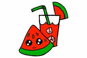 Cute Character of a Slice of Watermelon with a Glass of Watermelon Juice Next to Him vector