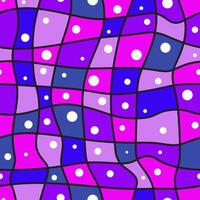 Groovy retro hippie seamless pattern checkerboard for print design. Vintage background. Blue and violet colors. Black wavy lines. White dots or circles. vector