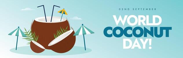 World Coconut day banner, background, post template. 2nd Sept coconut day cover banner with coconut and its trees with a beach view. The day promotes its importance in aspects of life, economy, health vector