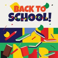 Back to School. Welcome Back to school celebration banner, background, post with colourful text, abstract art elements, shapes, icons of books, pens. vector