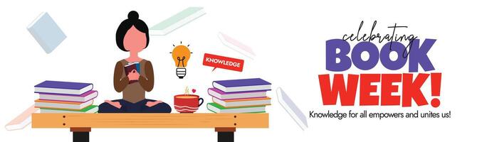 Book week. World Book week celebration cover banner, post with a girl character, icons of books, bulb, tea cup. The day celebrates reading as a source of learning and enjoyment, reading as magic. vector