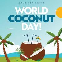 World Coconut day banner, background, post template. 2nd Sept coconut day banner with coconuts and its trees with a beach view. The day promotes its importance in aspects of life, economy, health. vector
