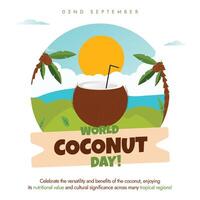 World Coconut Day. 2nd September Coconut day celebrations banner, post with coconut , its trees with a beach view. The day highlights the importance of its farming for sustaining livelihoods vector
