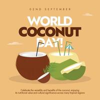 World Coconut Day. 2nd September Coconut day celebrations banner, social media post with green and brown coconuts. The day focuses on coconuts importance in various aspects of life. Conceptual banner. vector