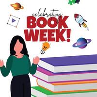 Book week. World Book week celebration banner with a girl character, icons of books, spaceship, planets, saturn. The day celebrates reading as a source of learning and enjoyment, reading as magic. vector
