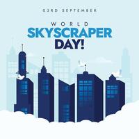 World Skyscraper Day, 3rd September. Skyscraper day banner with multiple tall buildings in dark blue colour, silhouette buildings in background, white birds flying near the buildings. vector