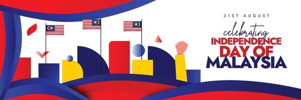 Malaysia Independence Day 31st August. Independence day of Malaysia cover banner with its flags, hand fists in air representing unity. 67 years of the country as it got freedom in 1957 from British. vector
