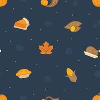 Seamless pattern of thanksgiving related things on dark blue background vector