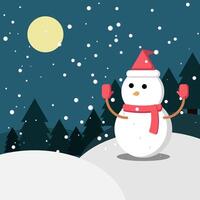A cold night with a snowman and falling snow under the moonlight. vector