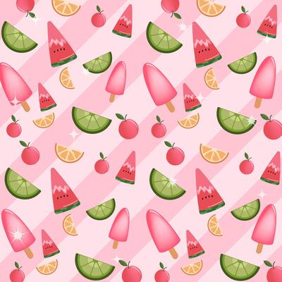 Vibrant Fruit and Ice Cream Pattern on a Bright Pink Background