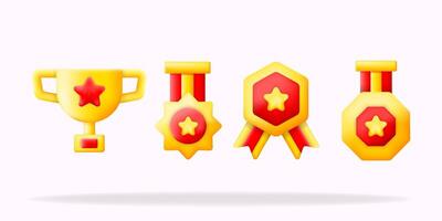 3D yellow illustration award icons a trophy, two medals, and a ribbon with stars. representing achievements, awards, and recognition in games, apps, and social media platforms vector