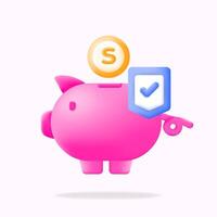 3d illustration Secure your savings with this pink piggy bank icon, featuring a gold coin and a blue shield with a checkmark for financial safety. Ideal for finance, security, and banking themes. vector