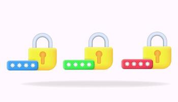 Illustration of a 3D icon of a yellow padlock with blue, green and red password bars. to illustrate the concept of security, login and password management vector