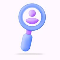 3D blue magnifying glass icon with a purple person icon inside. user search, profile discovery, or recruitment platforms. Perfect for websites, apps, and social media vector