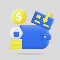 3d blue wallet, coins, a credit card, and a security lock icon. Perfect for financial websites, online banking, and secure payment solutions vector