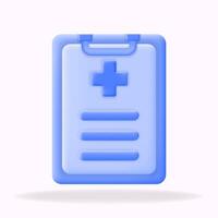 3D icon minimal blue medical clipboard with a cross and lines representing text. Ideal for healthcare, medical records, patient charts, and hospital management vector