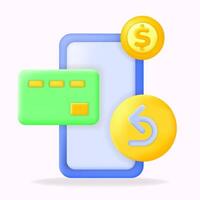 3D minimal illustration of a smartphone with a green credit card and yellow dollar coin. Ideal for representing mobile payments and online transactions vector