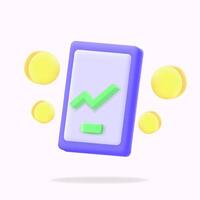 3D icon minimal style of a mobile device with a green upward graph and gold coin. Ideal for finance, stock tracking, and business apps. Enhance your financial management and analytics vector