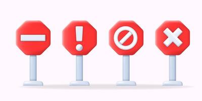 3D illustration red stop signs with different symbols minus, exclamation mark, prohibited, and cross. Ideal for warning icons, error messages, and alert notifications on websites and apps. vector