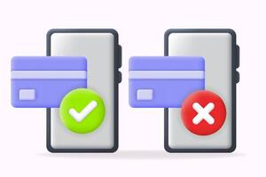 Credit card approval and decline icons for mobile transactions. Featuring smartphones with green checkmark and red cross, ideal for illustrating payment statuses in apps or websites. 3d illustration vector