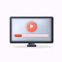 3D minimal icon of a computer monitor with a player play button, and progress bar. vector